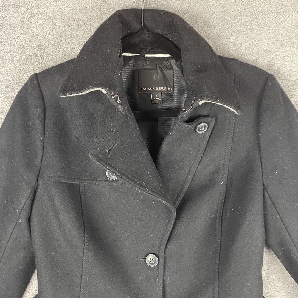 Banana Republic Coat Womens 4 Black Wool Blend Belted Double Breasted Nova Fides - Picture 2 of 16